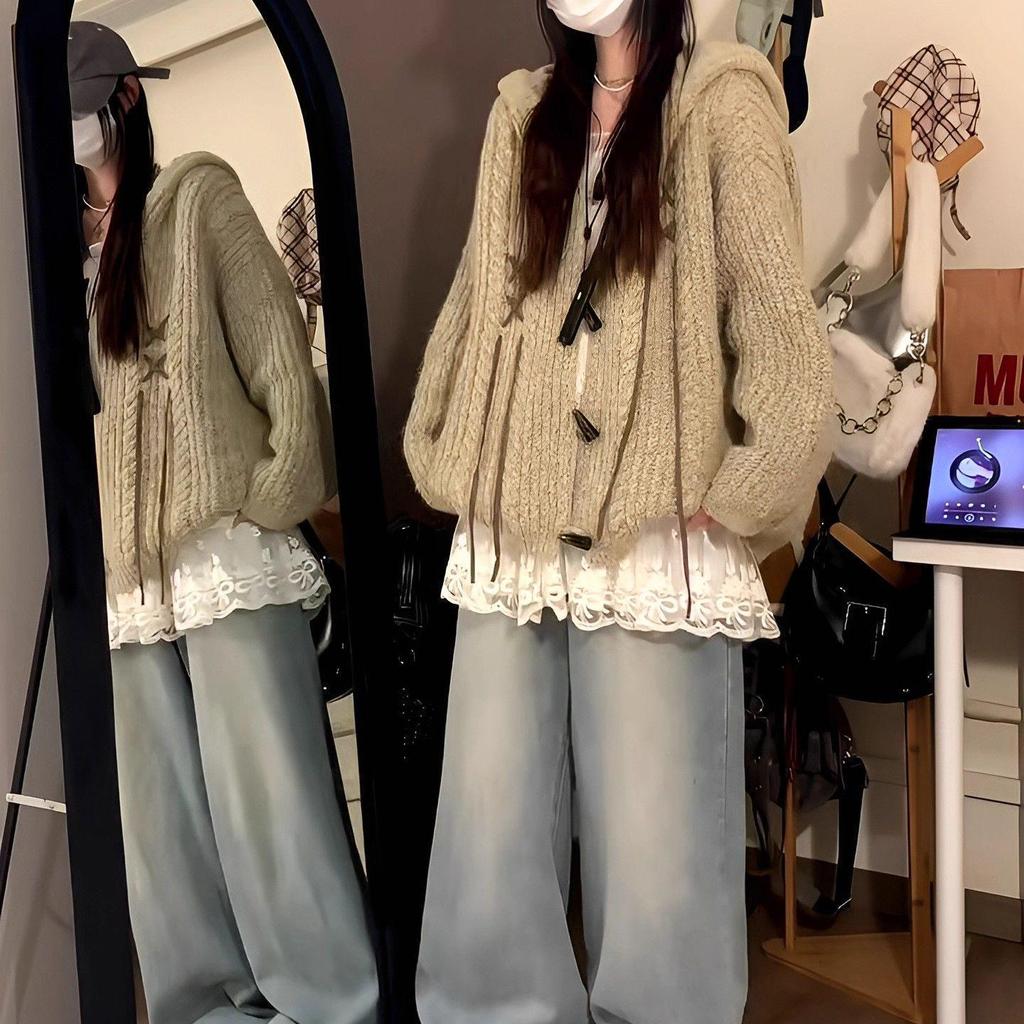 Korean Cute Bunny Ear Knit Hooded Cardigan - Women's Autumn/Winter Thick Loose Fit Fashionable Coat