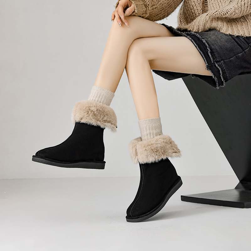Krazing Pot Cow Suede Nubuck Fur Winter Shoes Snow Boots Women Slip on Keep Warm Lace Up European Design Ankle Boots