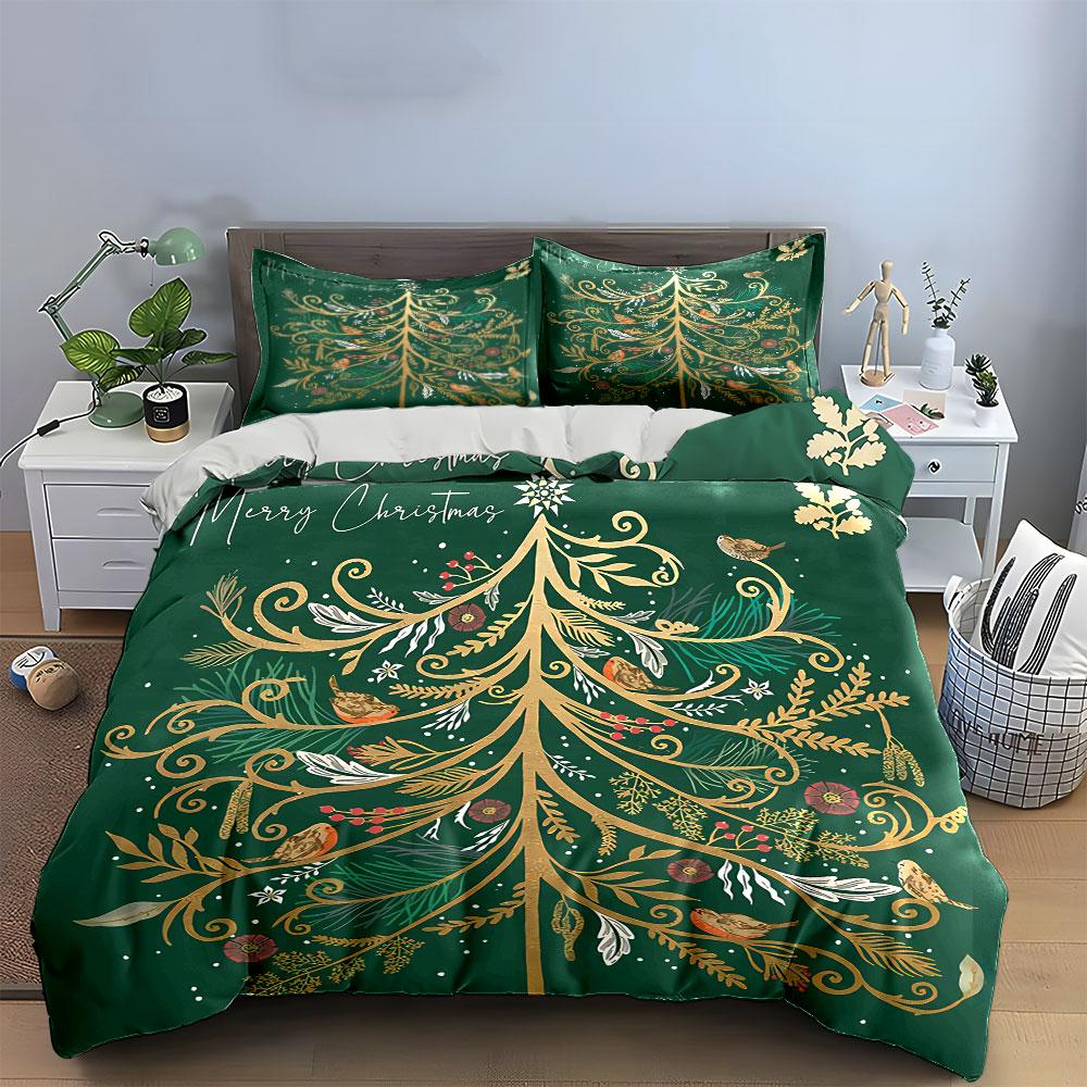 Golden Christmas Tree Pattern Bedding Duvet Cover Set Duvet Cover Pillowcases  (1*Duvet Cover 2*Pillowcases, without duvet insert)