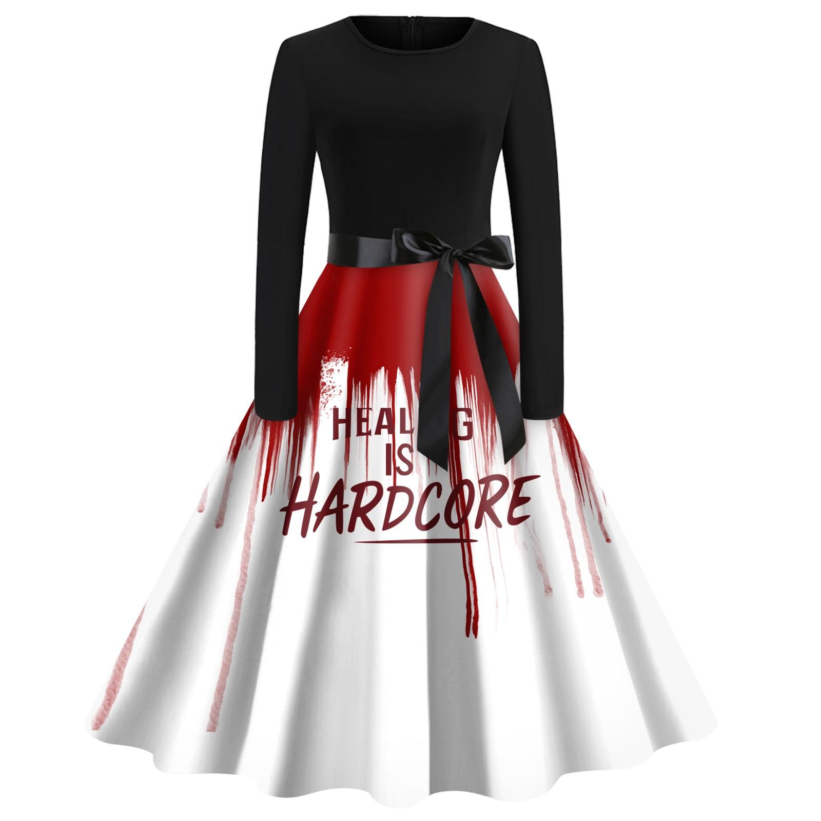 

Women Halloween Print Flare Dress Long Sleeve O-Neck Dress Party Casual Dresses XL винный