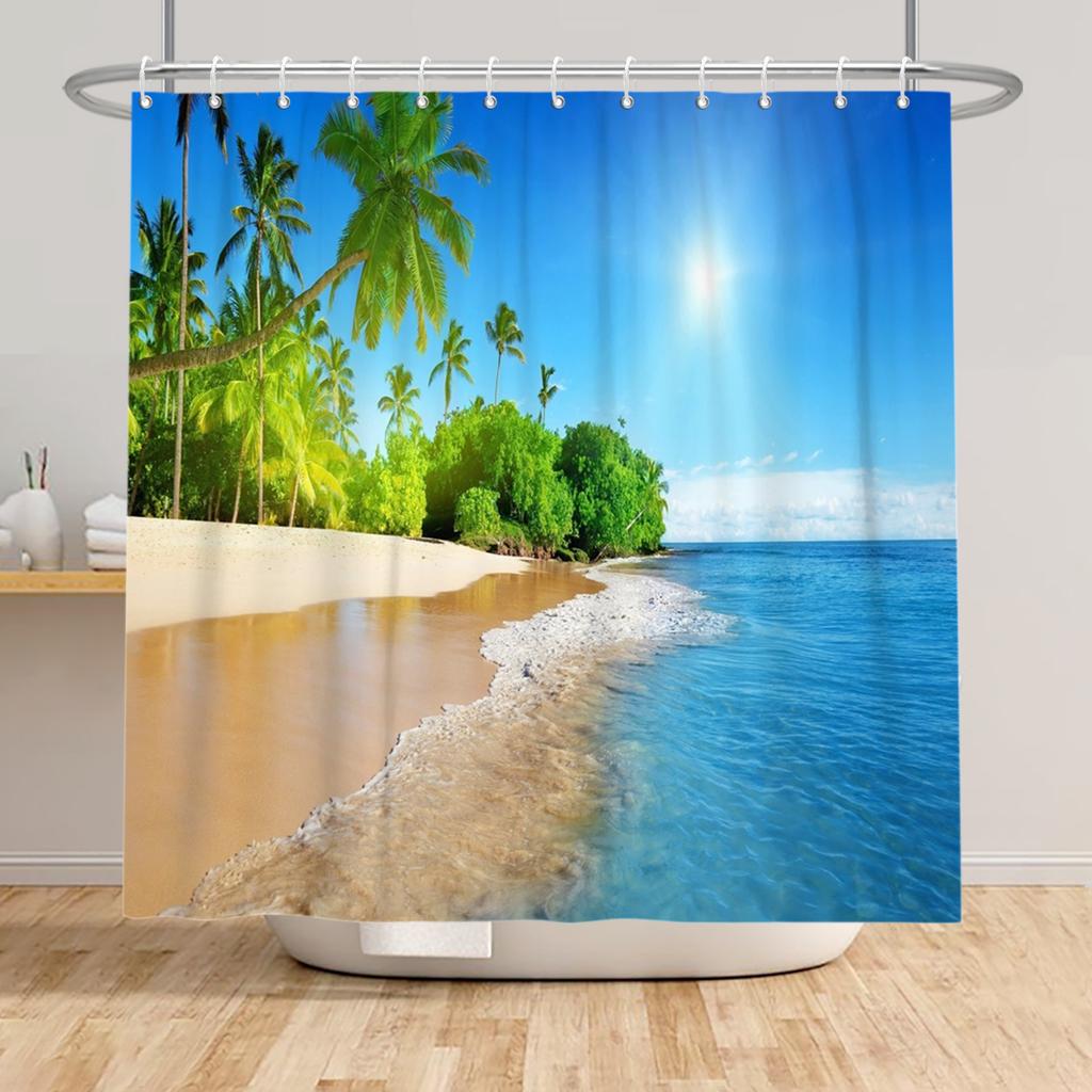 Beach Vacation Shower Curtain Tropical Palm Trees Ocean Waves Starfish Sandy Shore Pattern Waterproof Polyester Bathroom Decor