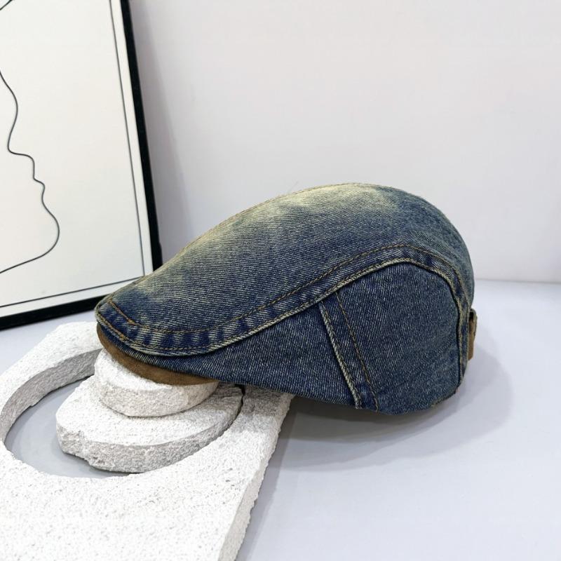 Retro washed denim forward hat women's casual versatile big head circumference shows a small face, wearing a duck tongue beret