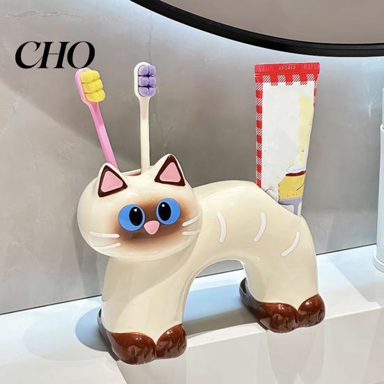 Porta Spazzolino Compatto, Forma di Gatto con Foro di Drenaggio, Impermeabile Resistente alla Muffa Organizer in Ceramica a Doppio Foro per Accessorio da Bagno
