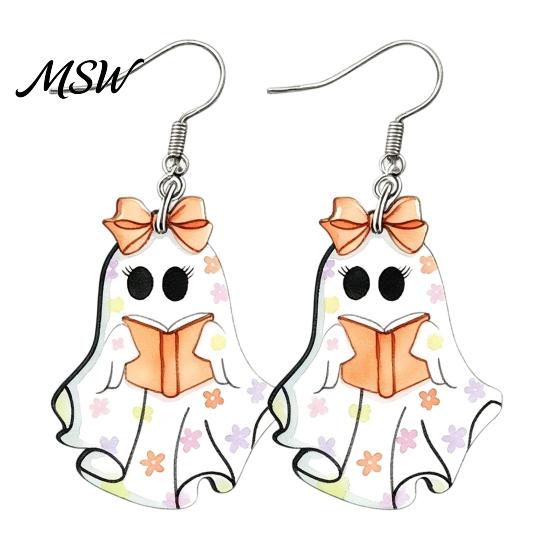 Hypoallergenic Alloy Hooks Cute Reading Ghost Earrings, Sweet Bowknot Drop Fashionable Earrings Lightweight Acrylic Halloween Jewelry for Women Girls