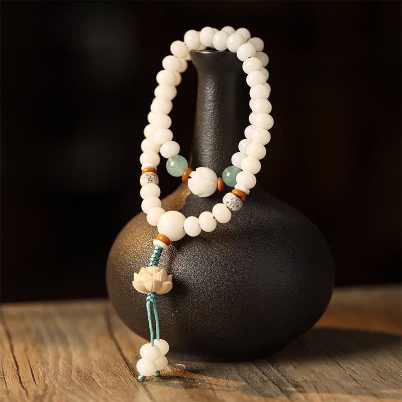 Natural White Jade Bodhi Root Vintage Chinese Style Women's Versatile Hand Jewelry Bead Bracelet with Double Circle Lotus Pendant