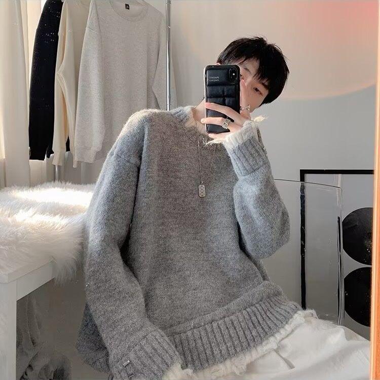2025 Autumn/Winter Men s Patchwork Loose Knitwear - Faux Two-Piece Round Neck Style L
