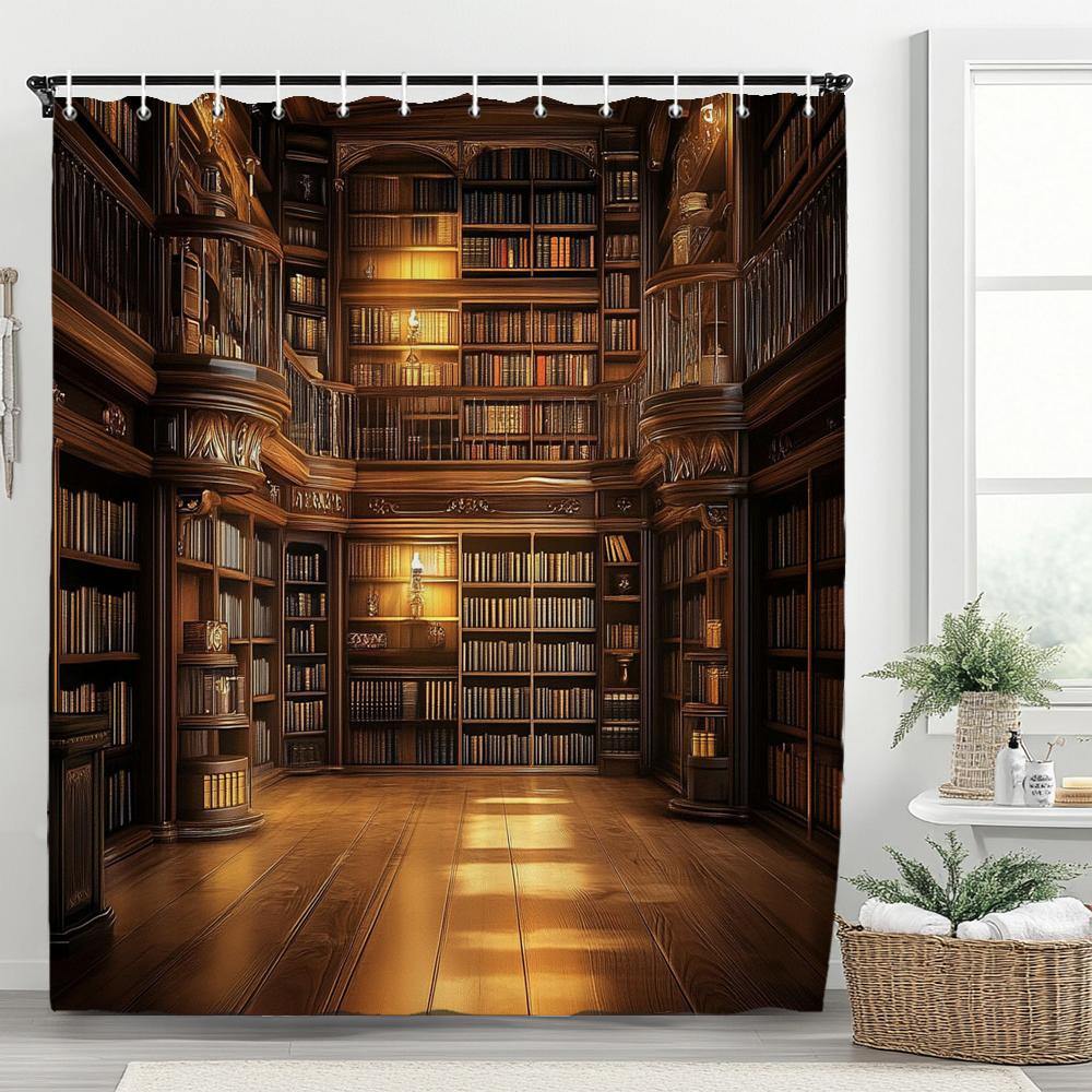 1pc Vintage Library Shower Curtain Old Book Bookshelf Candles Home Polyester Fabric Bathroom Decorative Home Curtain With Hooks