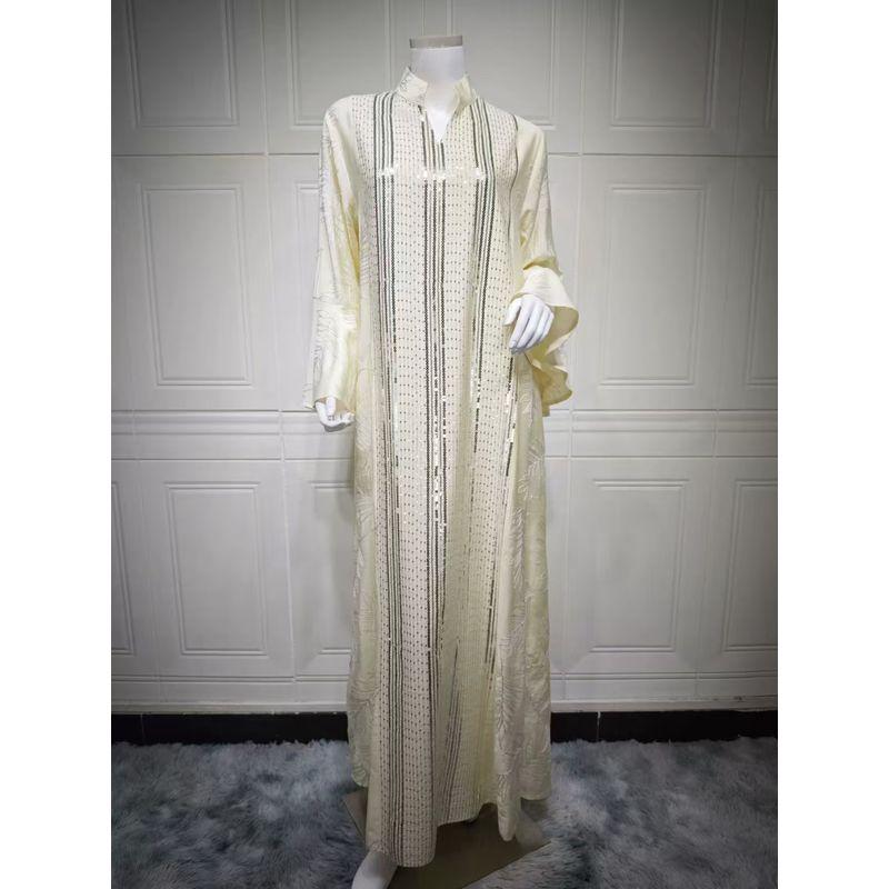 New Middle East Dubai Long sleeve V-neck Robe Sequins Dress Sequin Flared Sleeve Dress