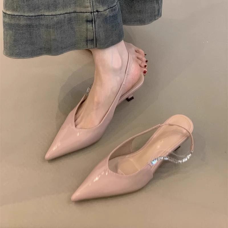 French Celebrity High Heels 2025 Spring and Summer Temperament Elegant Rhinestone Pointed Head Shallow Mouth Thin Heel Bag Head Empty Sandals