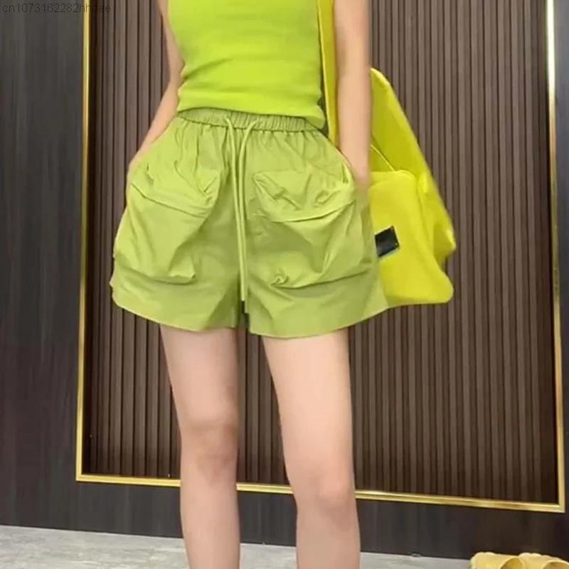 

Хіп-хоп штани-карго для жінок. Модні великі велосипедні шорти. Штани з великою кишенею. Однотонні вільні штани. Вуличний одяг Y2K 4XL фарби люмінесцентні зелений колір