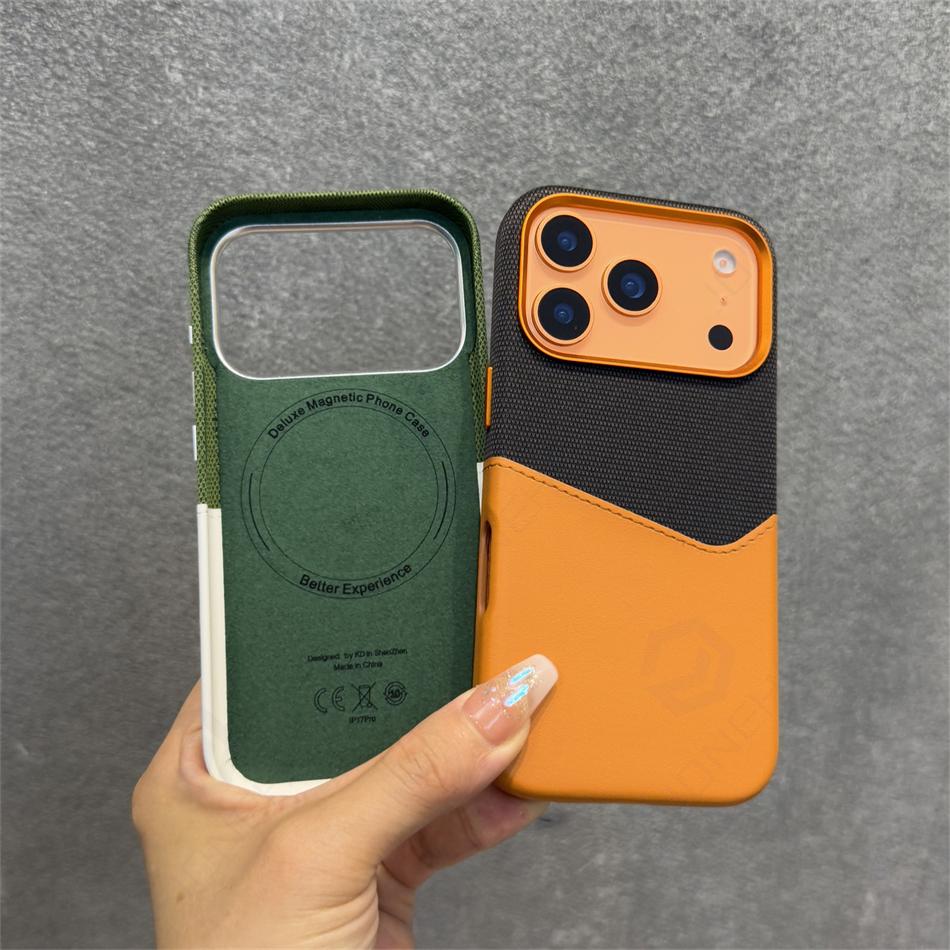For 17pro Orange Hit Color Card Case For For Iphone 17 1 16 Pro Max 14 13 12 Magnetic Wireless Charge Flax Leather Cover