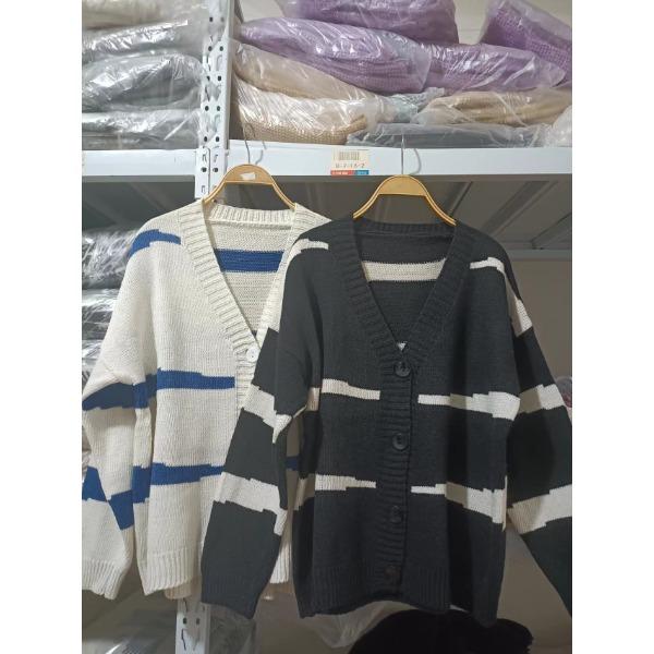 Pulover de damă de toamnă și iarnă, cu dungi care se confruntă, cardigan tricotat cu decolteu în V, în stil colegiu, cu mânecă lungă