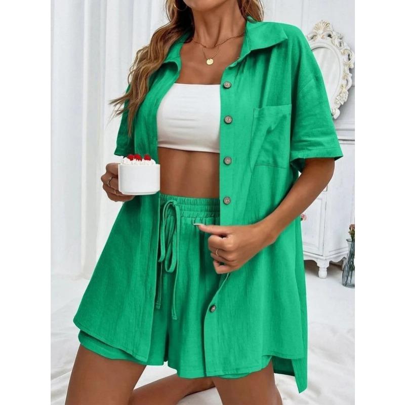 Damenmode Casual Sommer Frühling Einfarbig Druck Kurzarm POLO Kragen Blusen & Hemden Hosen Hosen Anzüge
