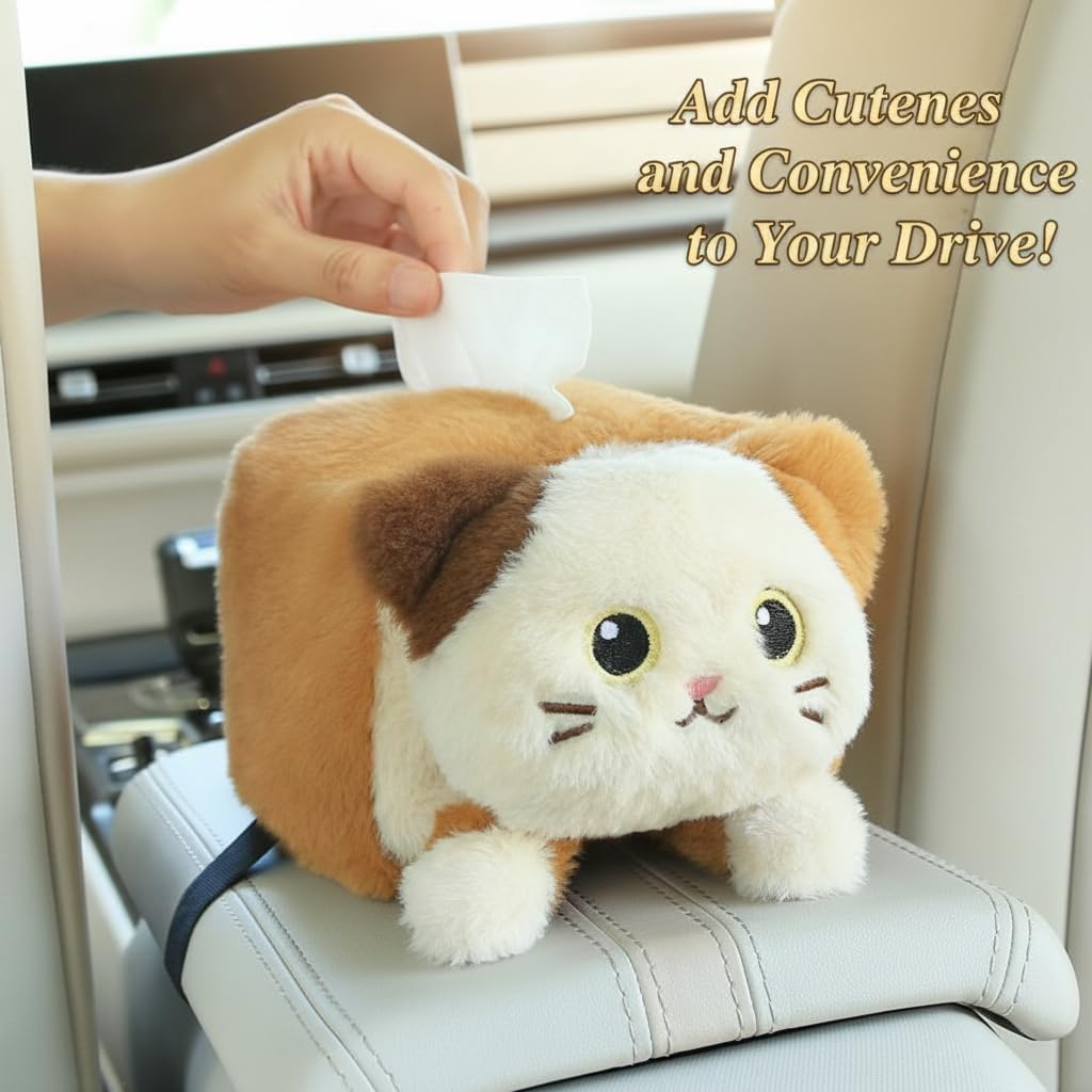 Drivers Cute Plush Animal Car Tissue Box Holder, Vehicle Console Napkin Dispenser, Secure Strap, Easy Refill, Tidy Ride, All-Season