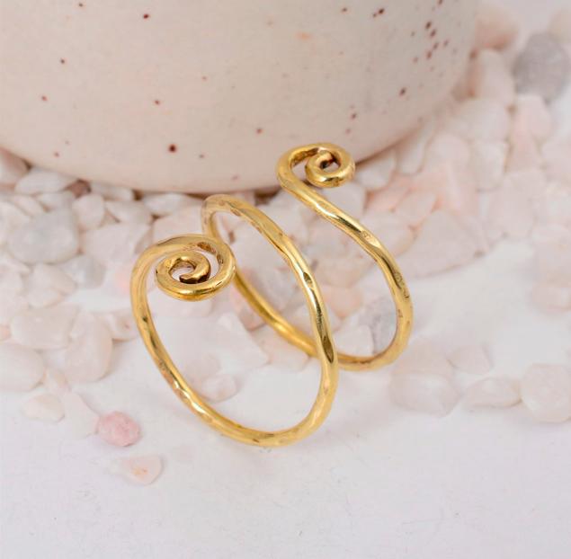 Bohemian Gold Spiral Coil Ring: Wide adjustable wire wrap ring with opposing scroll ends, perfect for a statement or toe ring.