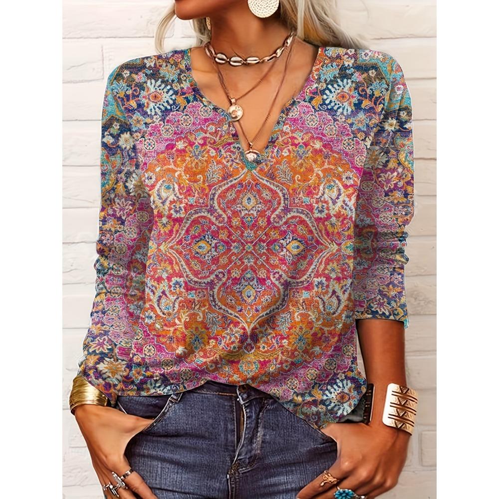 GMXIA Autumn Loose Long Sleeve Flower Bold V-neck T-shirt Base for Women