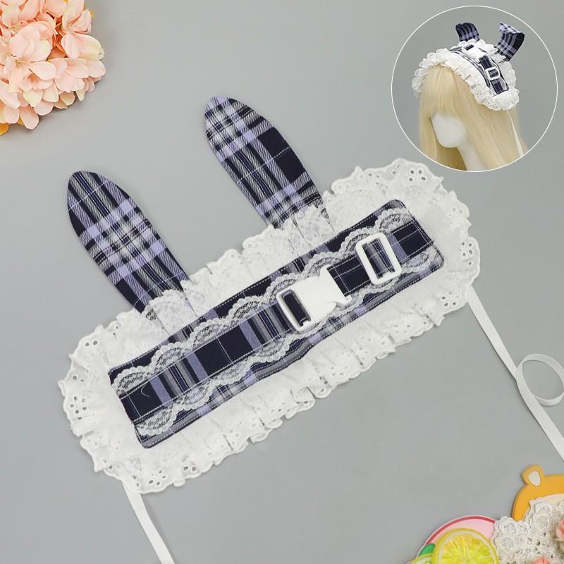 Handmade Lace Cat Ear Hairband Lolita Fashion Kawaii Pastel Grid Headwear Accessory
