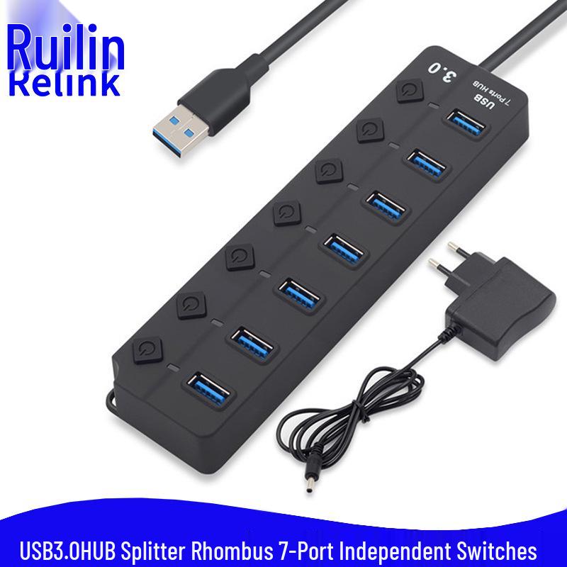 7-Port USB 3.0 Hub with Diamond Button - High-Speed Docking Station for Computer Accessories 7-Port Black No Power