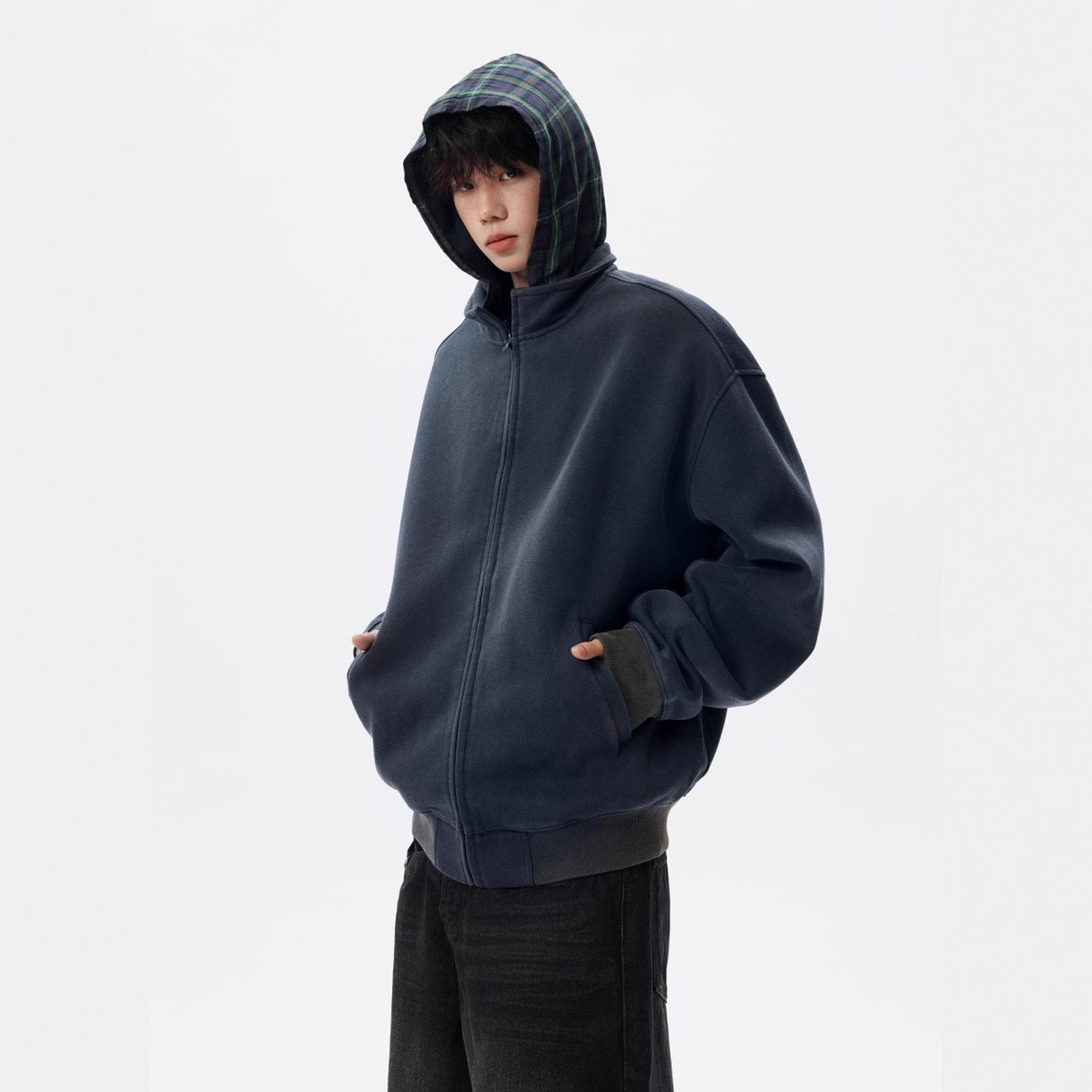 

Unisex Retro Plaid Patchwork Hooded Sweatshirt - Autumn Two-Piece Style Casual Cardigan XXXL темно-синий