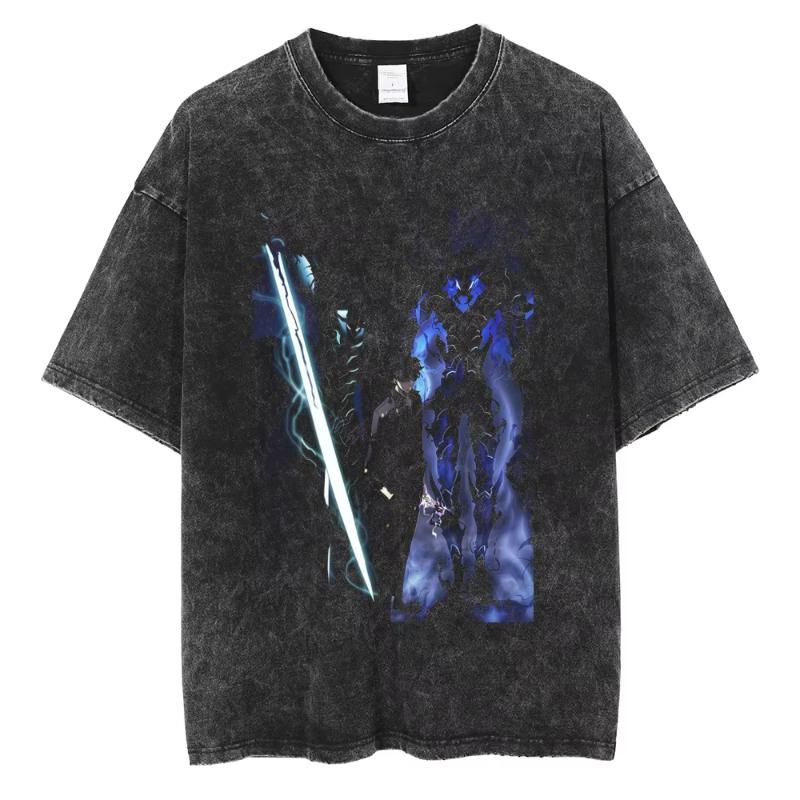 Anime Solo Leveling Sung Jin Woo Print Washed T Shirt Men Vintage T-shirts Oversized TShirt Harajuku Tops