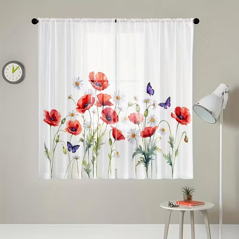 2PC Watercolor Red Poppy Daisy Butterfly Sheer Curtains - Boho Chic Light Filtering Window Drapes for Bedroom LivingRoom  Decor