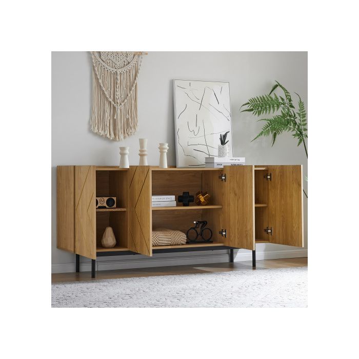 Buffet Bas - MUVOE - 4 Portes - Bois Naturel - Inserts Métalliques - H78 Cm L160 Cm P40 Cm