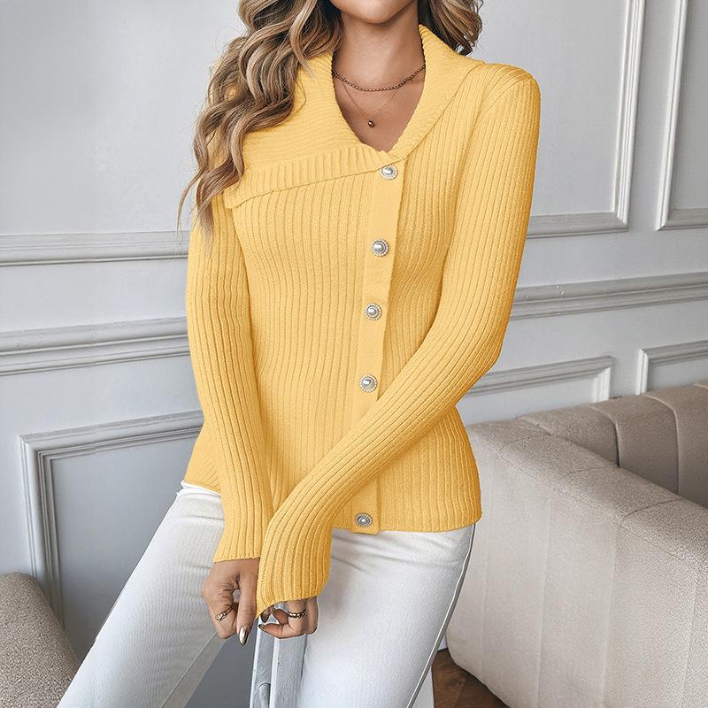 Women's Knit Button Up Cardigan Slim Fit Button Front Turn Down Collar Solid Color Soft Ribbed Knit Sweater Top