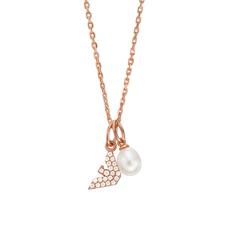 Emporio Armani Fashion Simple Elegant Rhinestone Eagle Logo Freshwater Pearl Necklace Women necklace Rose-Gold EG3573221 Basic Packaging-Box