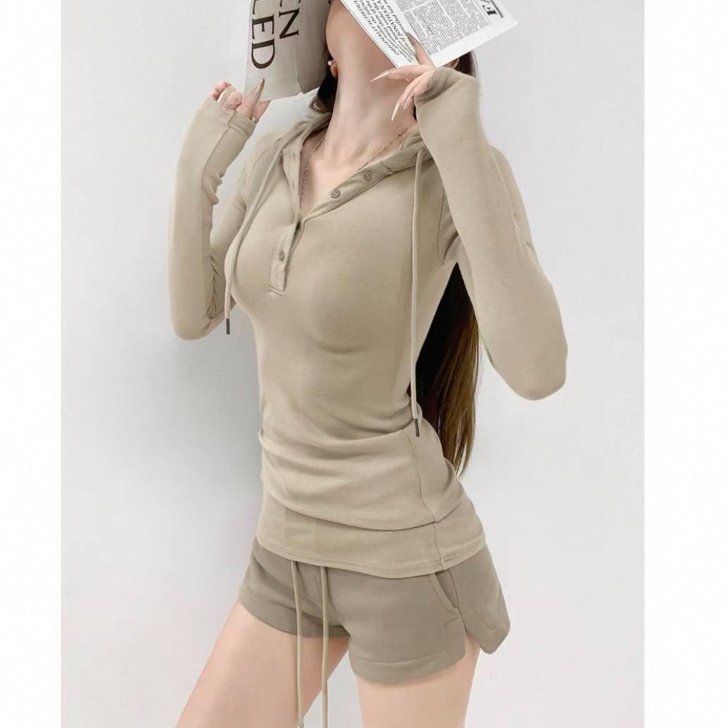

American Style Slim Fit Drawstring Hoodie - Spring Autumn Long Sleeve Top S (80-95 Jin) сірий колір