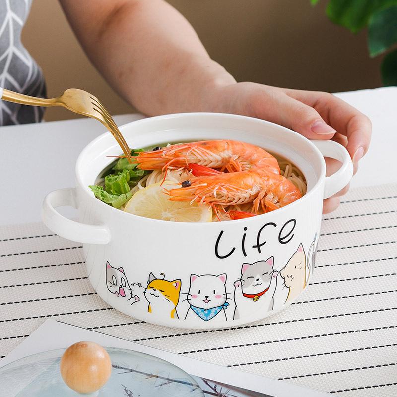 Creative binaural ceramic instant noodle bowl with lid Large soup bowl Household soup basin Single student dormitory rice bowl Salad bowl