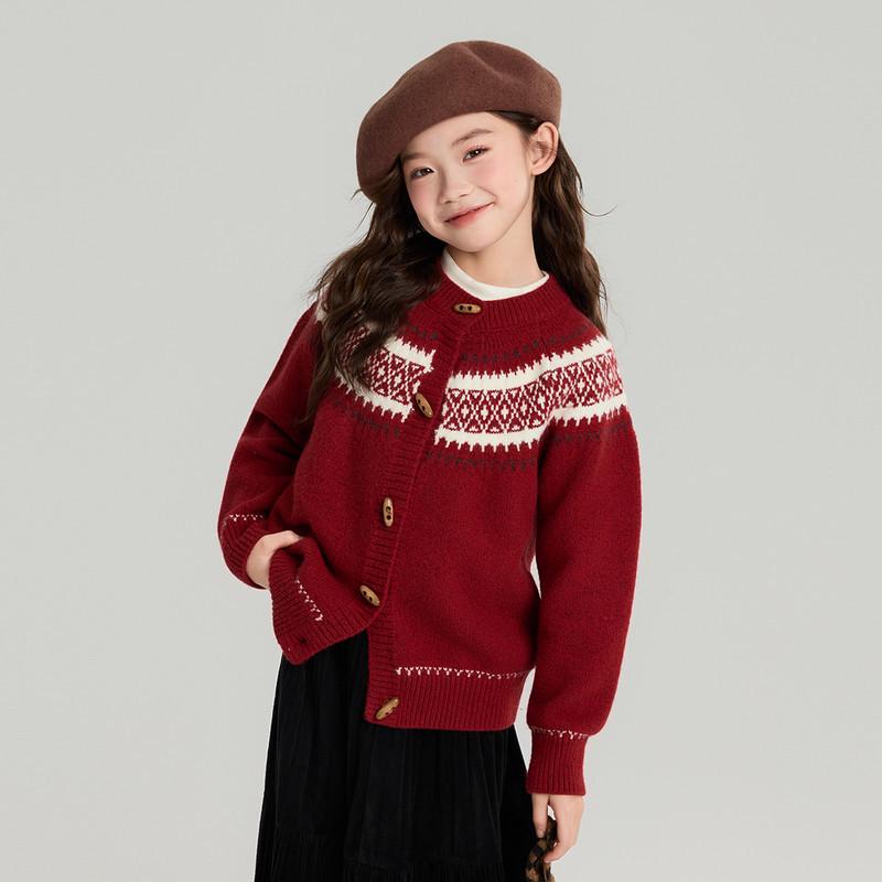 

Red Knit Retro Cardigan for Girls, Medium-Large, Autumn/Winter, New Year Outerwear 150 cm червоний
