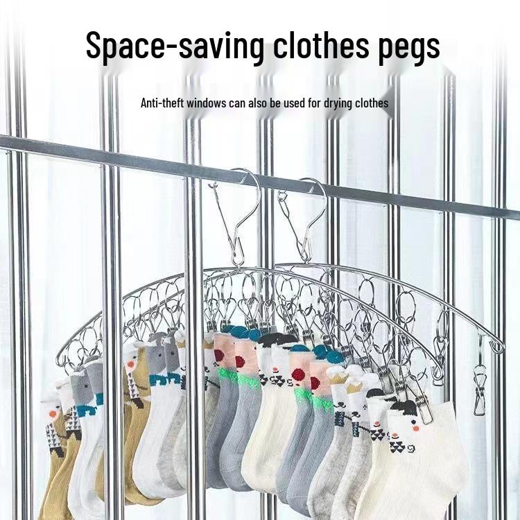 Multi-Functional Stainless Steel Sock Holder & Windproof Clothes Drying Rack with Curved Clips