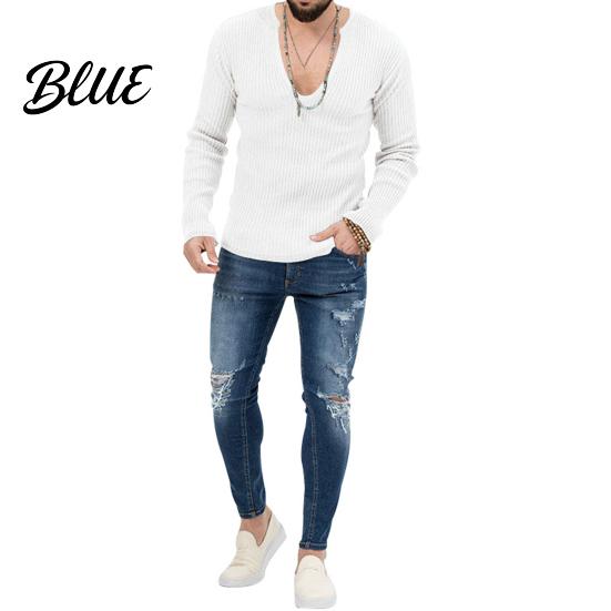 Men Knitted Cotton Sleeves Solid V Neck Knit Deep Blend Sweater Ribbed Long Color Slim