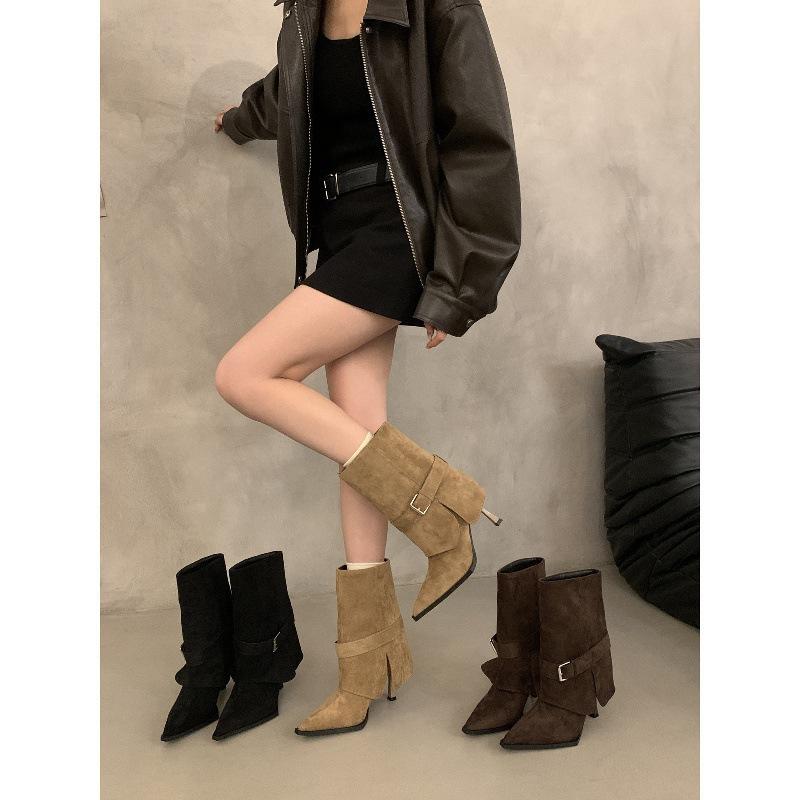 Vintage Suede Pointed Belt Buckle High-heeled Short Boots Women's Boots Autumn and Winter Thin-heeled Trouser Boots Medium Boots