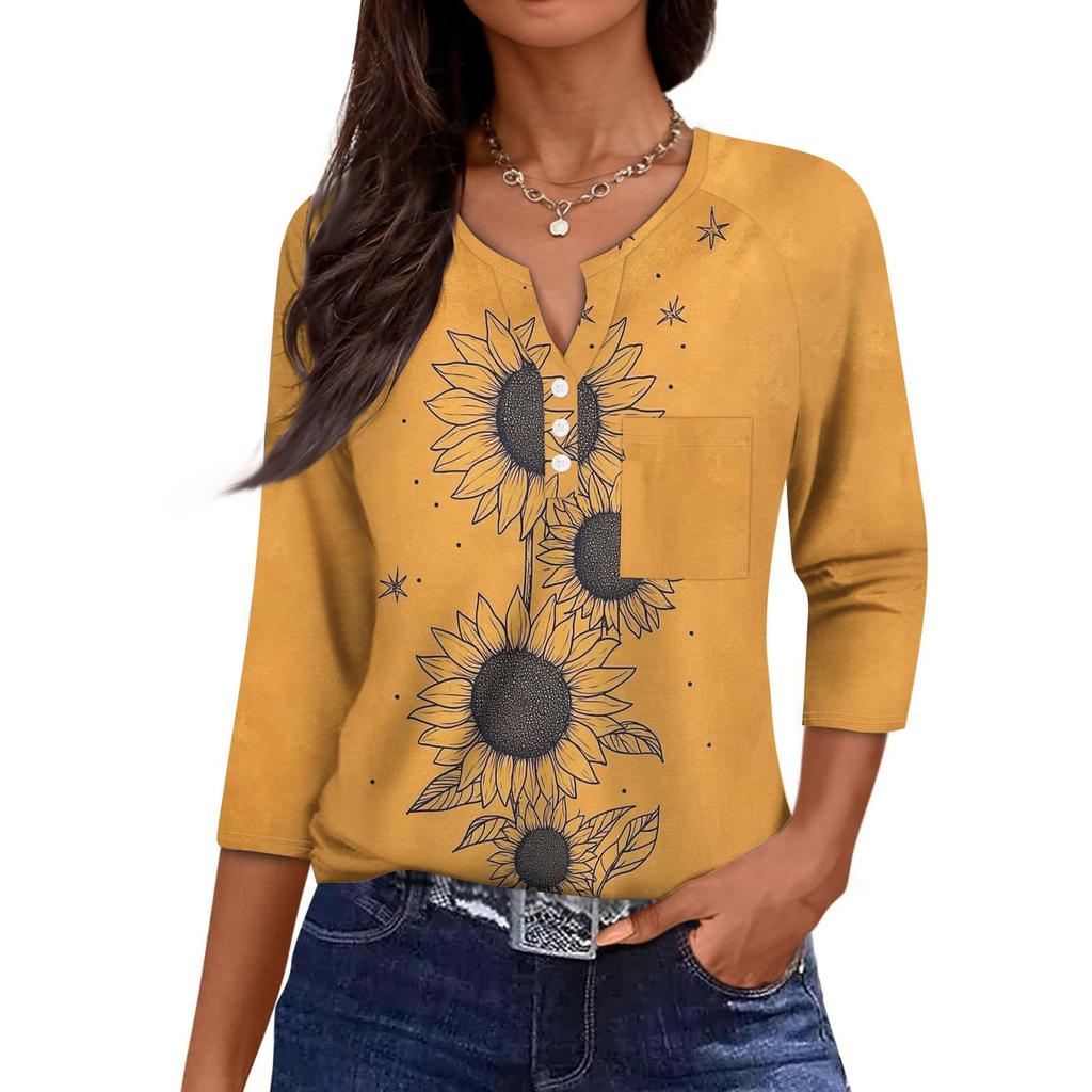 Women's Casual Fashion V-neck Loose Versatile Floral Print Three-quarter Sleeves
