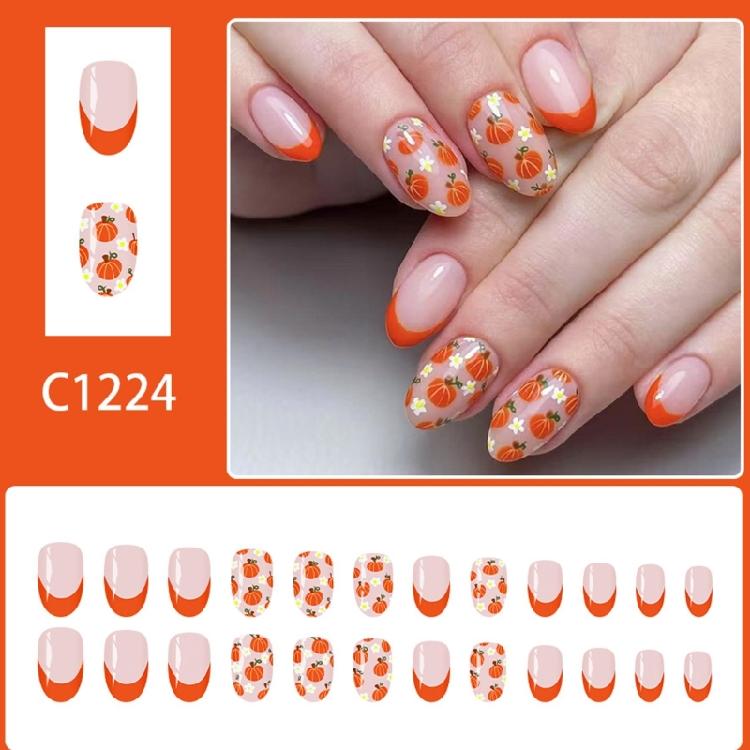 Orange Kürbis Press-On Nägel 24 Stück Herbstliches Blumendesign Französische Maniküre Sofort tragbar