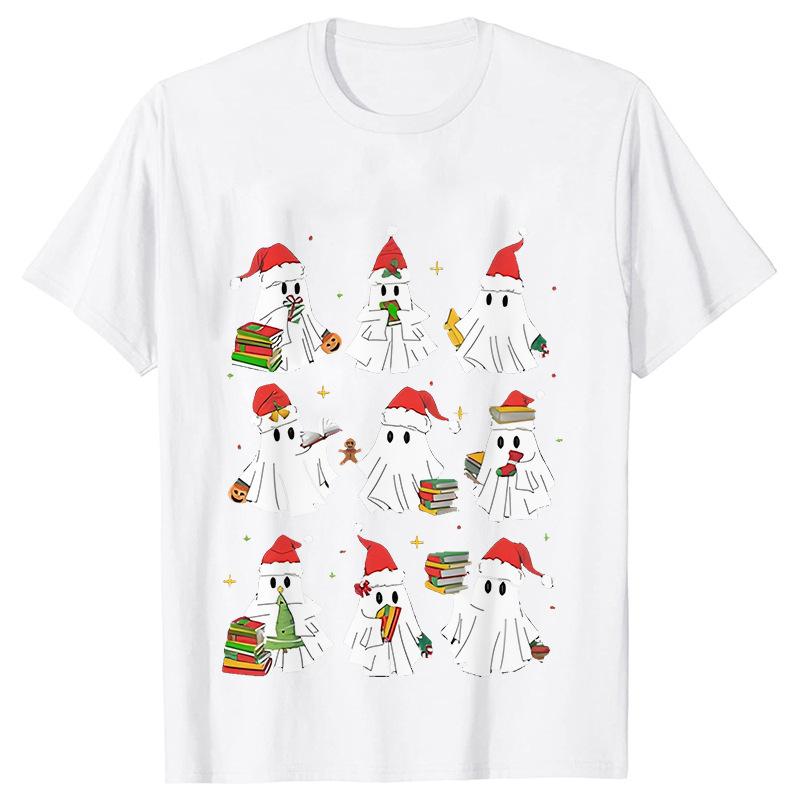 Christmas Ghost Short Sleeved Cute Ghost Printed Womens Loose and Comfortable Large Tshirt Party Clothing Womens Clothing
