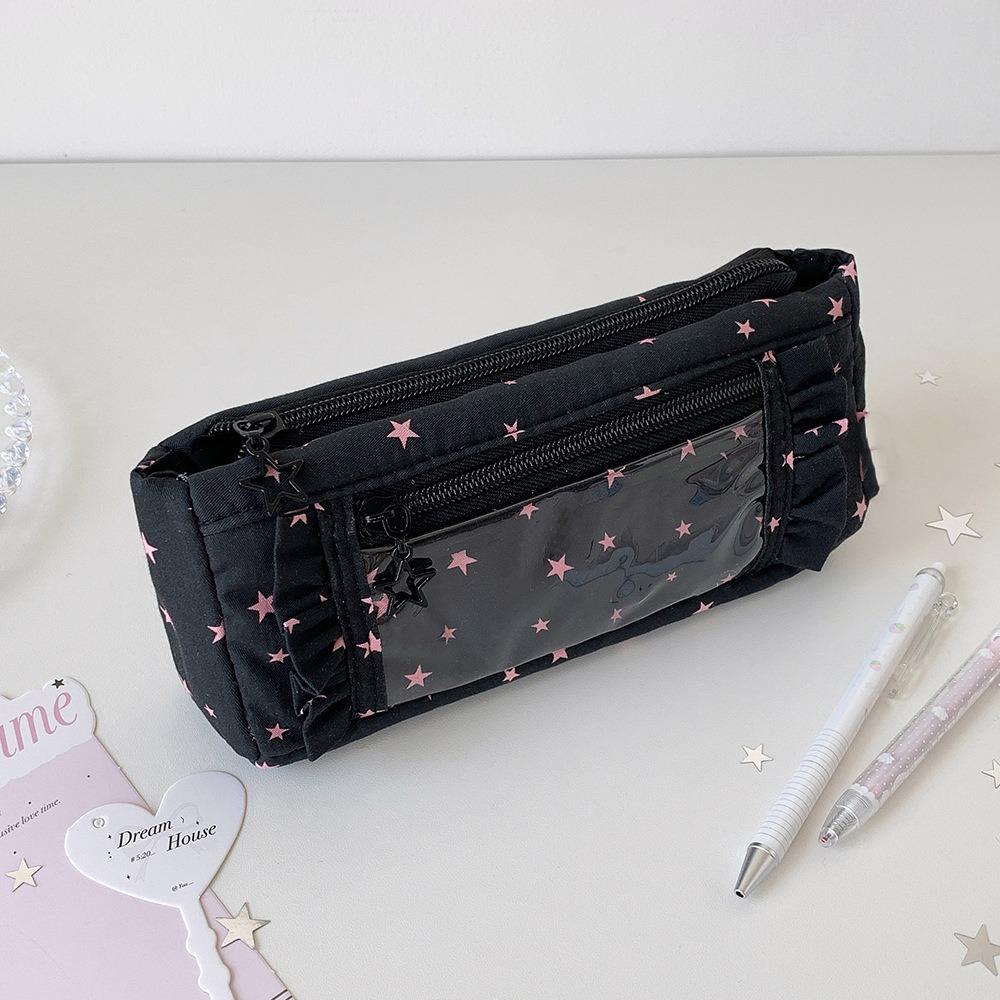 Printed Lace Pencil Storage Bag Large Capacity Zipper Stationery Pouch School Office Supplies чёрный