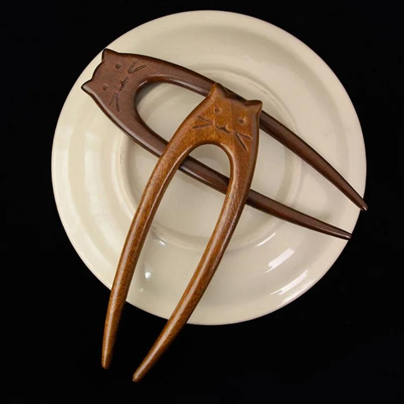 Artistic Cats Pattern Wood Hairpin Unique Hair Fork Ethnic Style Hairpin for Women Girls Ethnic Style Hair Accessories