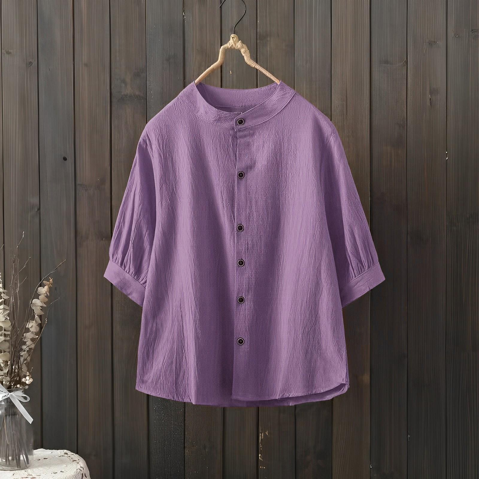 

Women s Fashion Casual Color Round Neck Half Sleeve Vintage Cotton Linen Shirt Top M фиолетовый