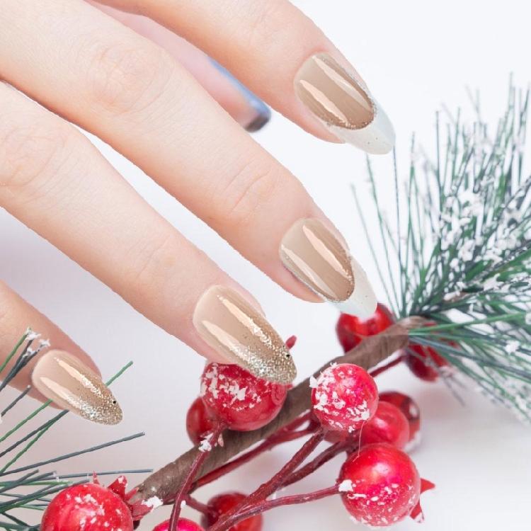 Medium Length Artificial Nail Press On Nail Sparkling Full Cover Stick On Nail White French Tip False Nail for Woman