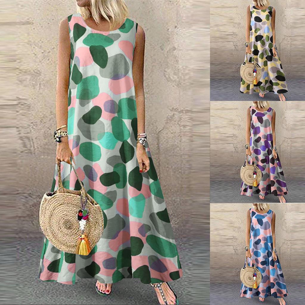 

Модное женское повседневное свободное сексуальное длинное платье без рукавов с круглым вырезом и принтом M синий