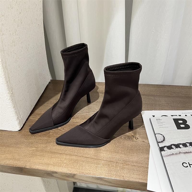 2025 autumn and winter pointed thin heel elastic boots Internet celebrity thin boots medium tube Martin boots matte high heel commuter short boots