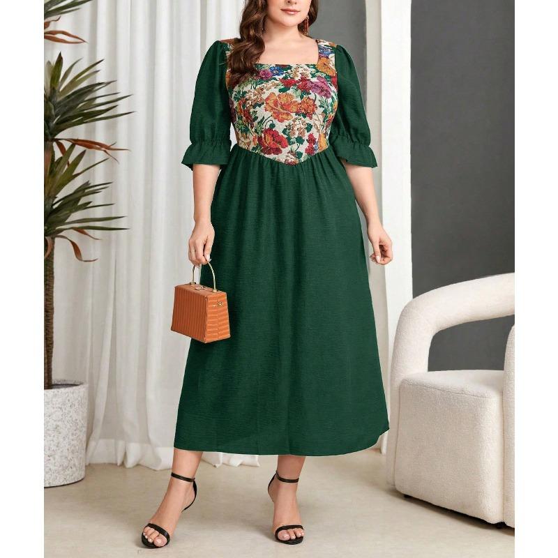 Plus Size Vintage French Style 7 10 Sleeve A Line Print Spliced Dress For Women Autumn Winter