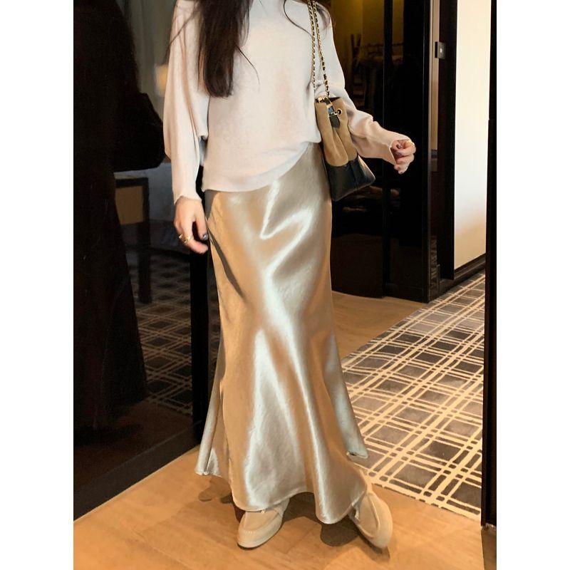 Kumikumi High-Grade Solid Elegant Satin Versatile Skirt Women's Autumn High Waist Slimming Fishtail Skirt Long Dress