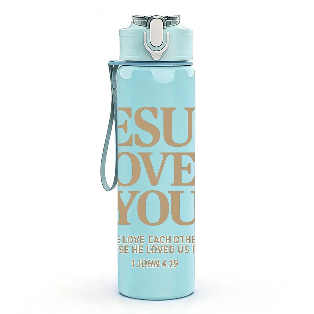 1PC Jesus Loves You Text 750ml Color Plastic Sports Water Bottle Leakproof Flip Straw Lid Suitable for Sports Office Home Use