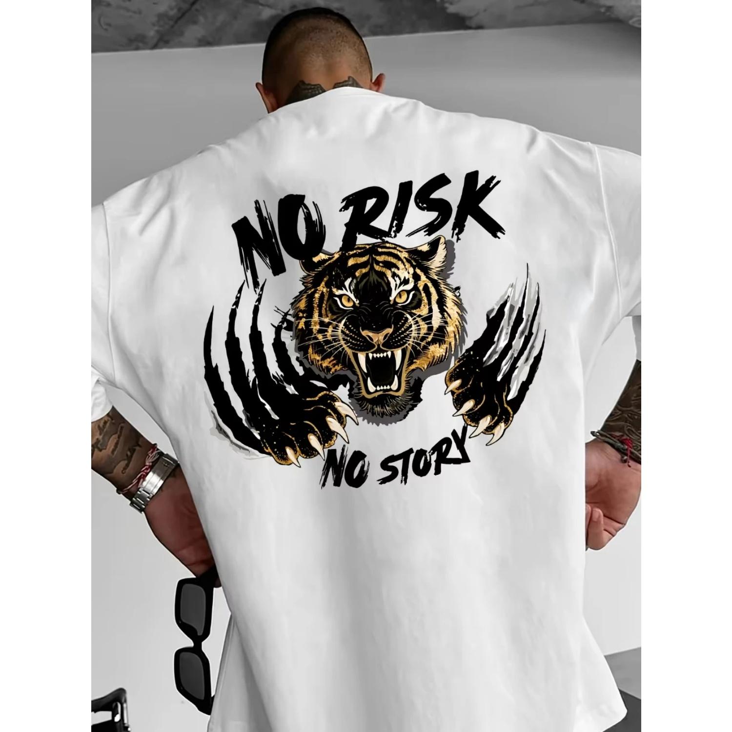 

Tiger Print Streetwear T-Shirt Oversized Relaxed Fit Round Neck Short Sleeve, Breathable Summer Layering Tee S чёрный