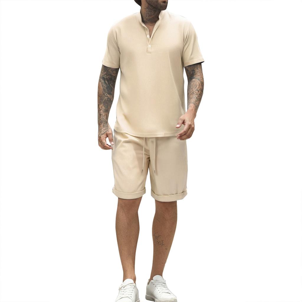 Men's Summer Solid Color Loose Short Sleeve Button Collar Top Shorts Set