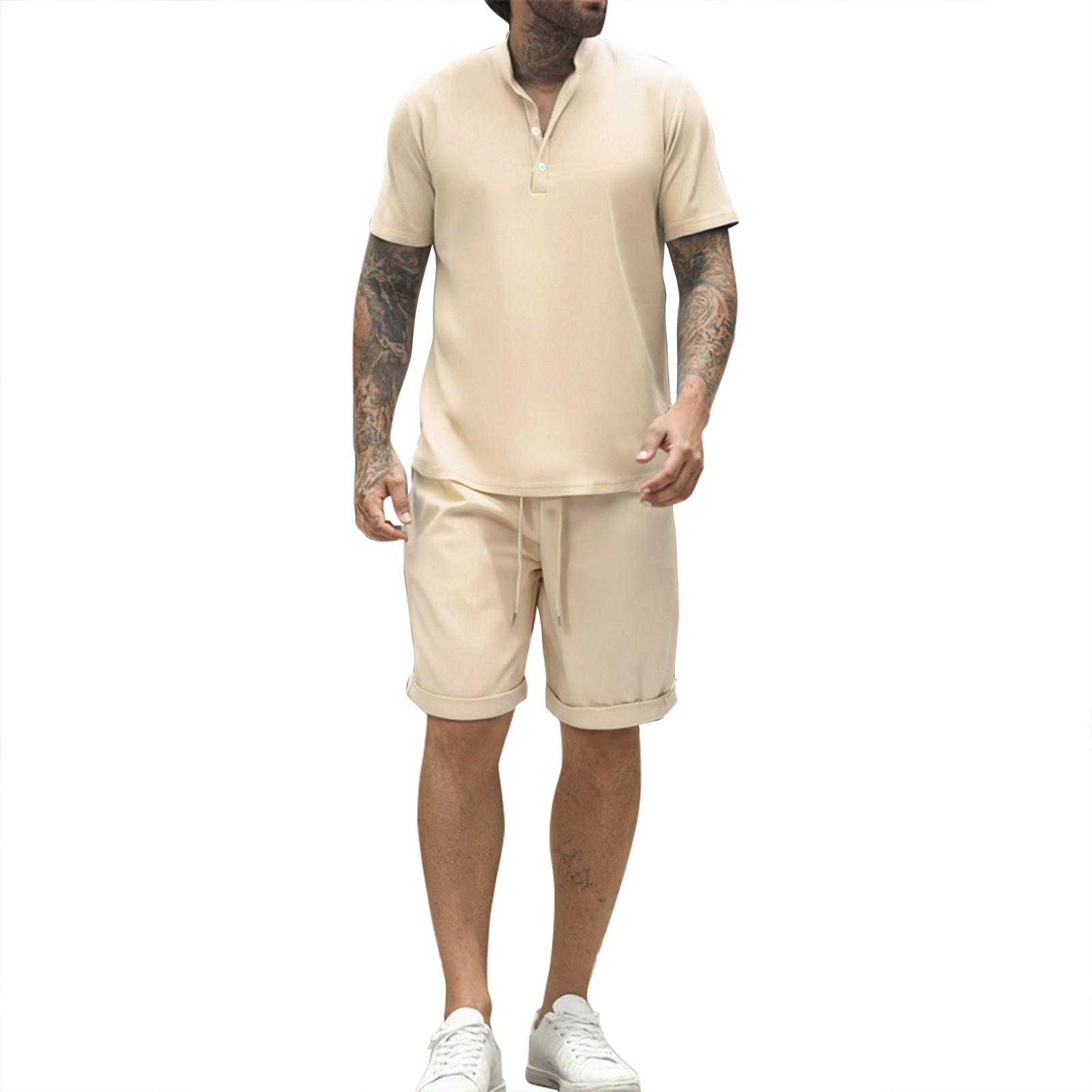 

Men s Summer Solid Color Loose Short Sleeve Button Collar Top Shorts Set L бежевий
