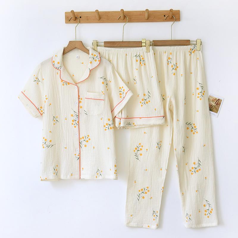 Women's Cotton Short Sleeve Pajama Set - Three-Piece Spring/Autumn Long Pants, Summer Thin Style